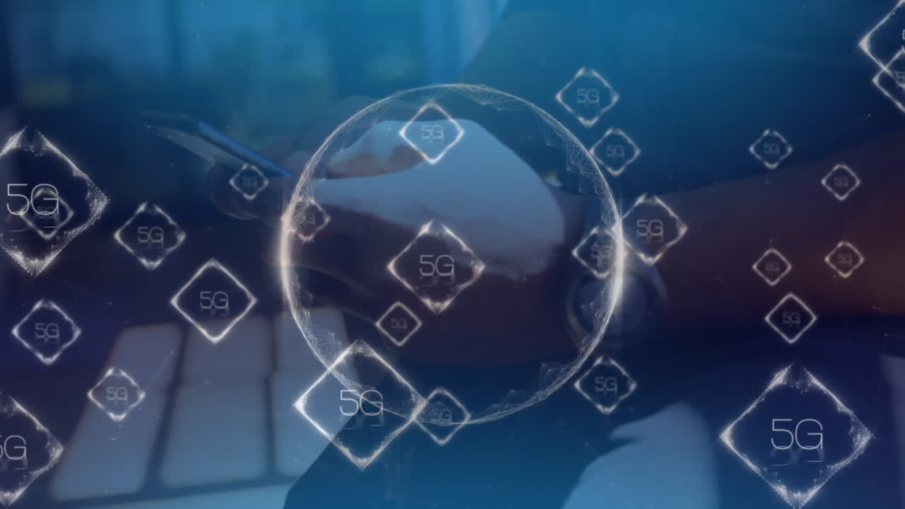 5g 텍스트의 애니메이션과 오버 글로브 카우카시안 사업가