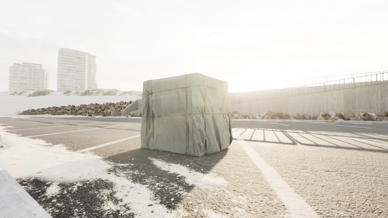 해변 주차장에서 신비로운 인 상자