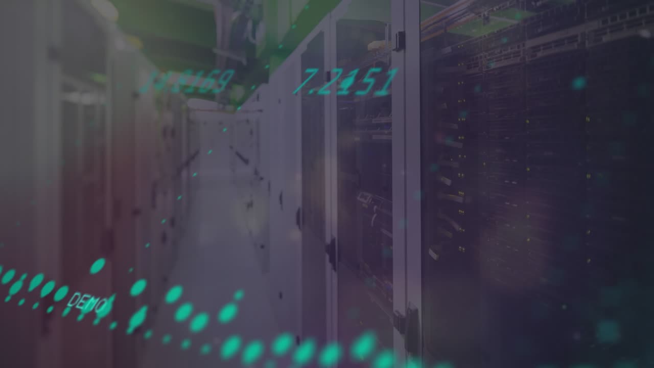 Animation of light spots and data processing over server room