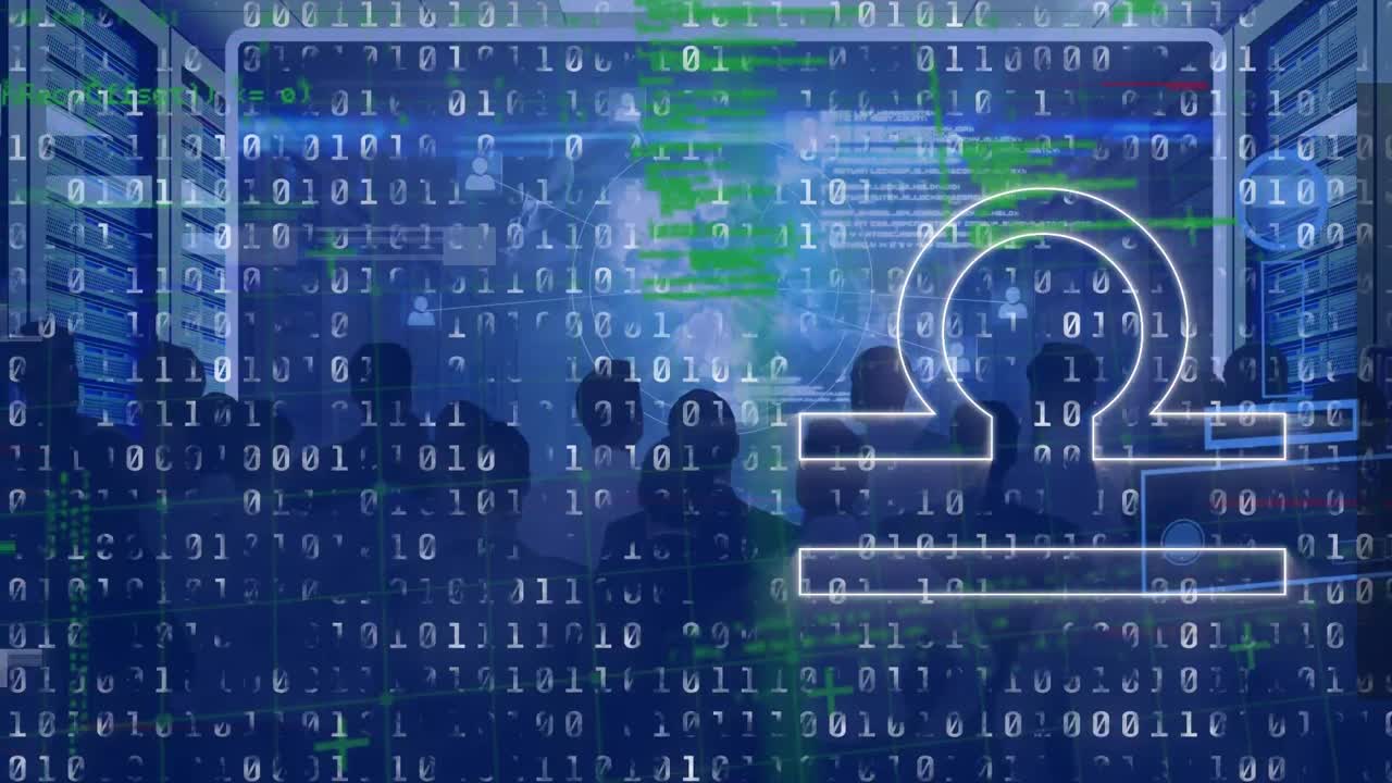 Animation of binary codes, multiracial team looking at global data on digital interface at office