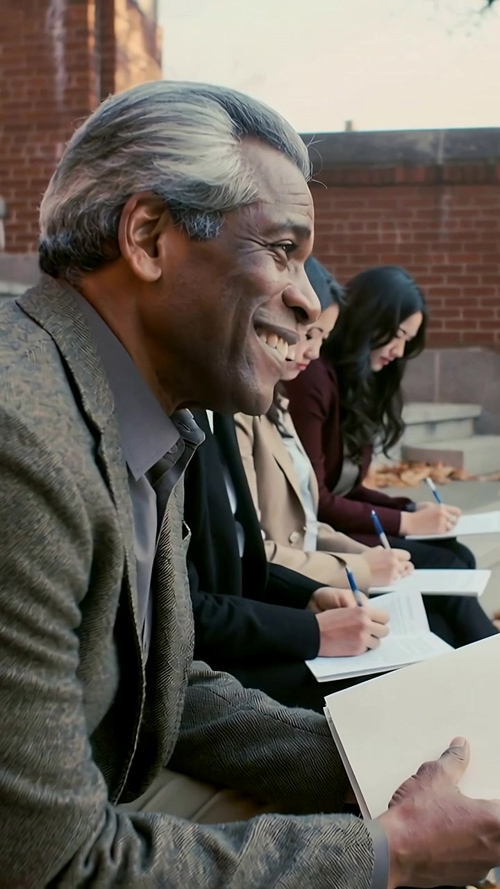 Vertical video: Smiling senior in tweed reacting to peers and laughing on steps outside with pad