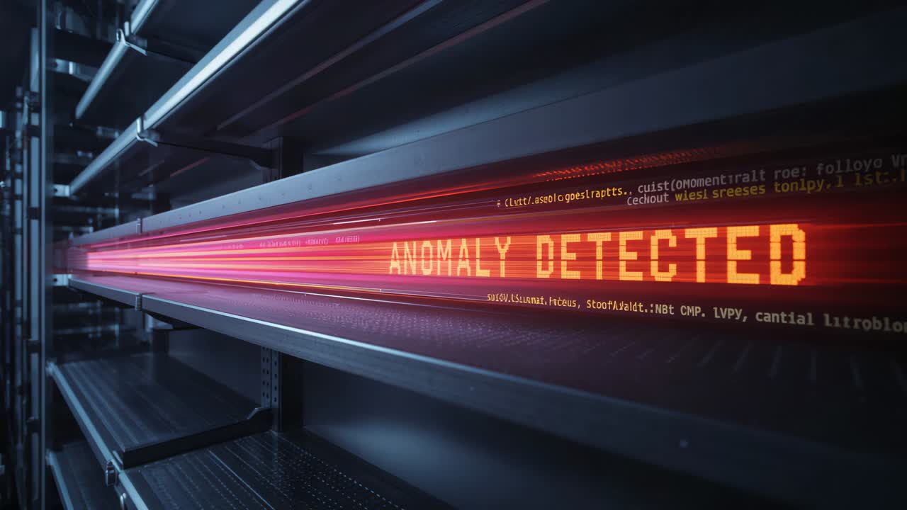 Banda LED rossa di scansione che si muove da sinistra a destra nel corridoio di un data center, visualizzando l'avviso "ANOMALIA RILEVATA".