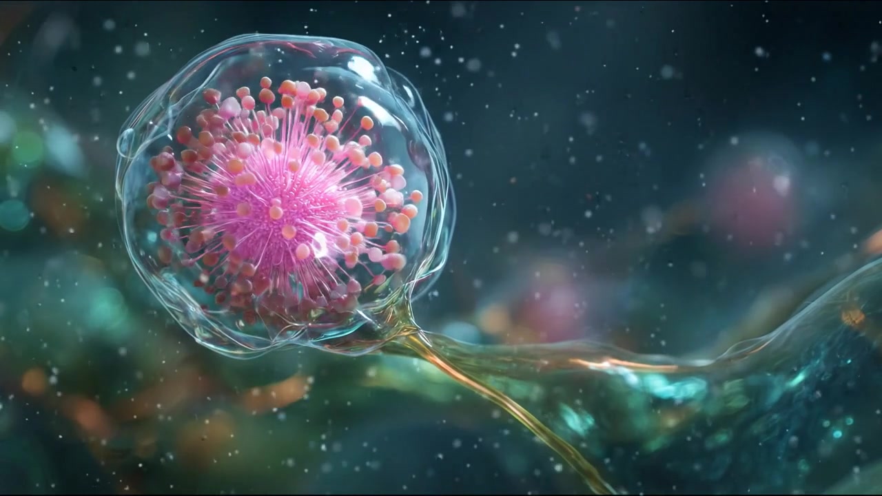 Cellula biologica dettagliata con membrana visibile che fluttua in un ambiente blu.