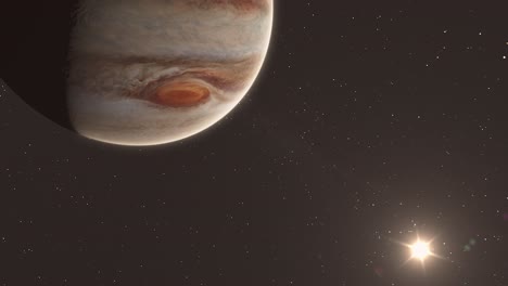 júpiter paneo frente al sol con grandes ojos rojos y estrellas de fondo visibles 4k