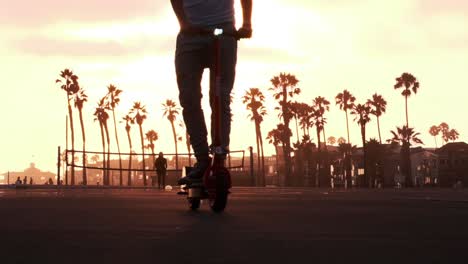 a man rides an electric scooter into the sunset