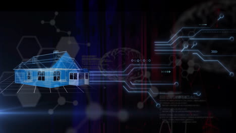 animation of computer circuit board data processing over house model