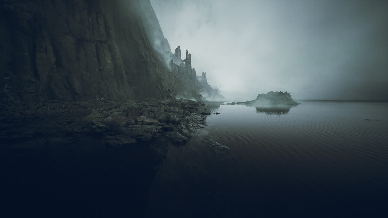 Mysterious castle ruins along a misty shoreline at twilight