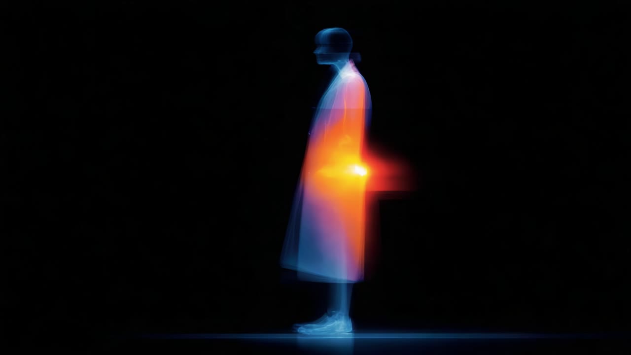 The ethereal silhouette glows in a mesmerizing blend of colors, embodying a harmonious fusion between light and shadow, as the figure stands poised in an aura of vivid vibrance against a deep, dark backdrop