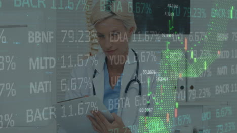 animation of financial data processing over female doctor