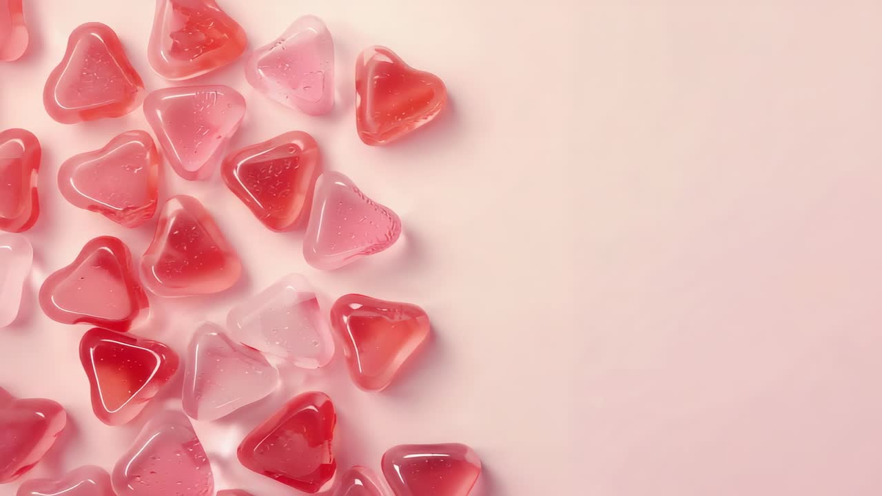 Sliding heart gel pieces arriving from top, nudging inward, forming cluster on pink mat, copy space