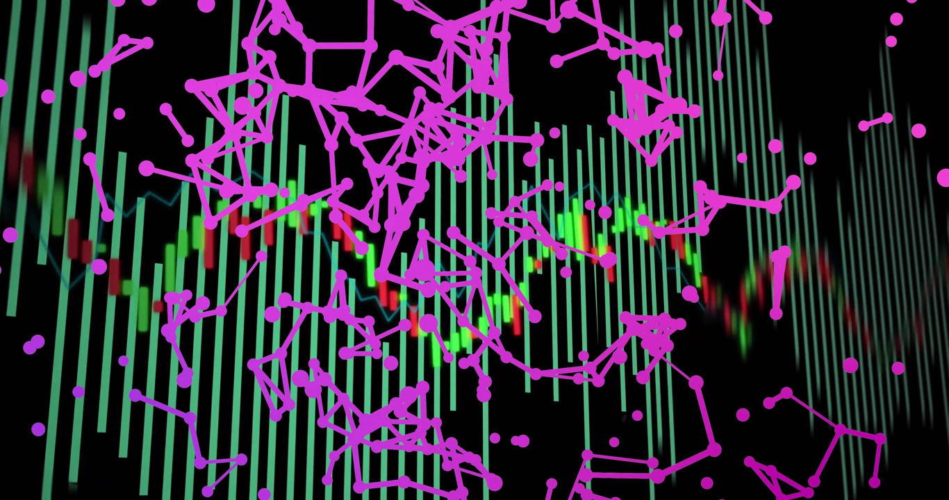 Teal bars and chart emerging, particles linking into magenta network illustrating connectivity