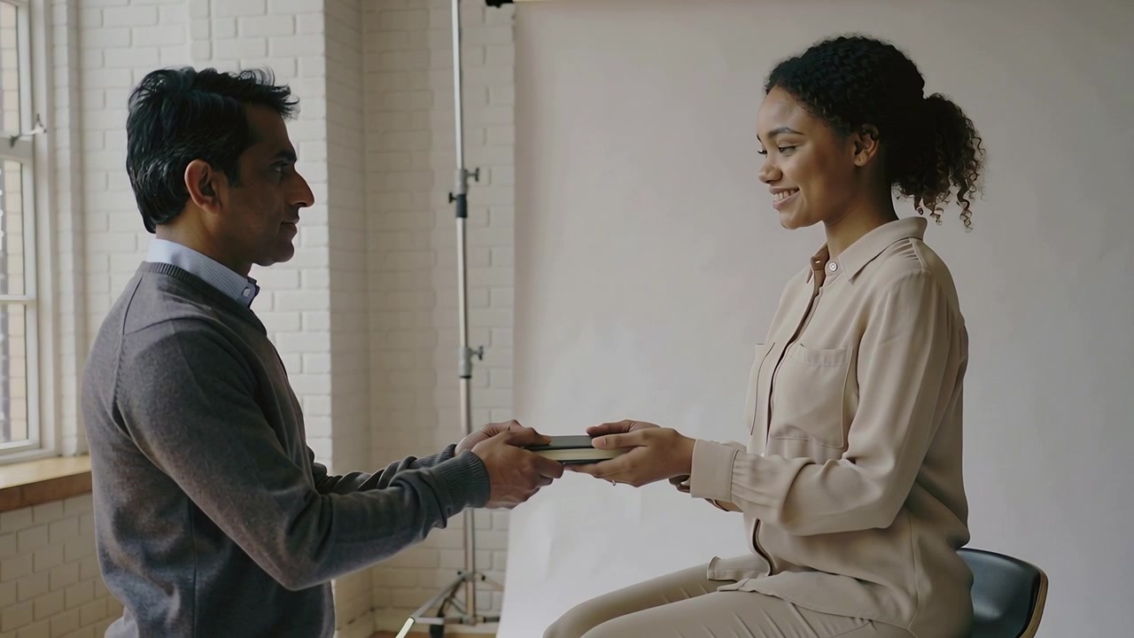Approaching assistant wearing grey sweater handing tablet to seated woman in studio, showing shots