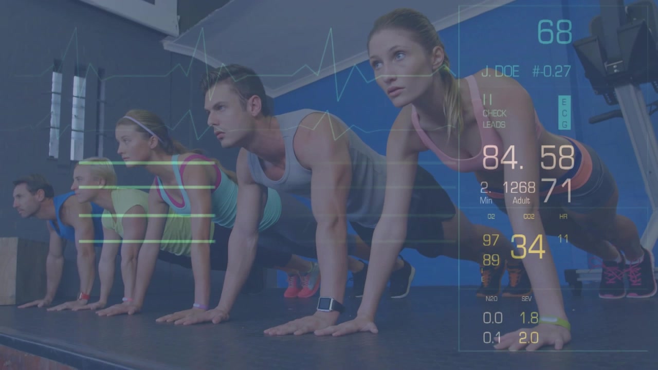 Five exercisers holding plank on raised mat, fitness trackers sending data, ECG guiding intensity