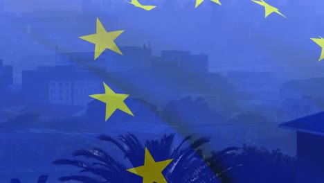 animation of flag of european union over palm trees and modern cityscape