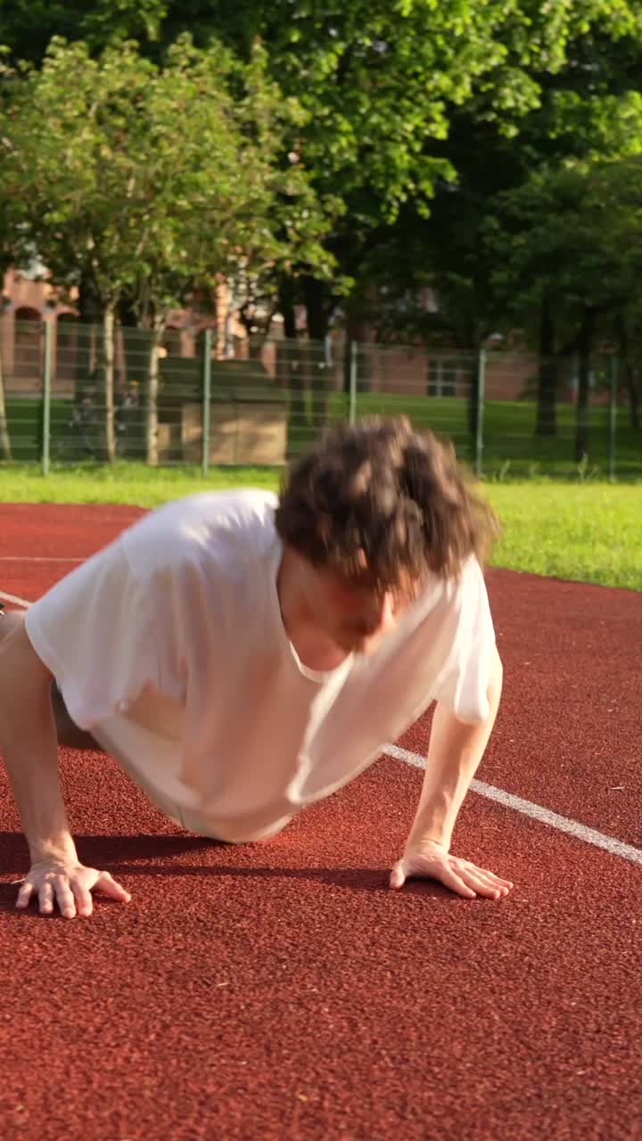 Uomo che fa flessioni su una pista