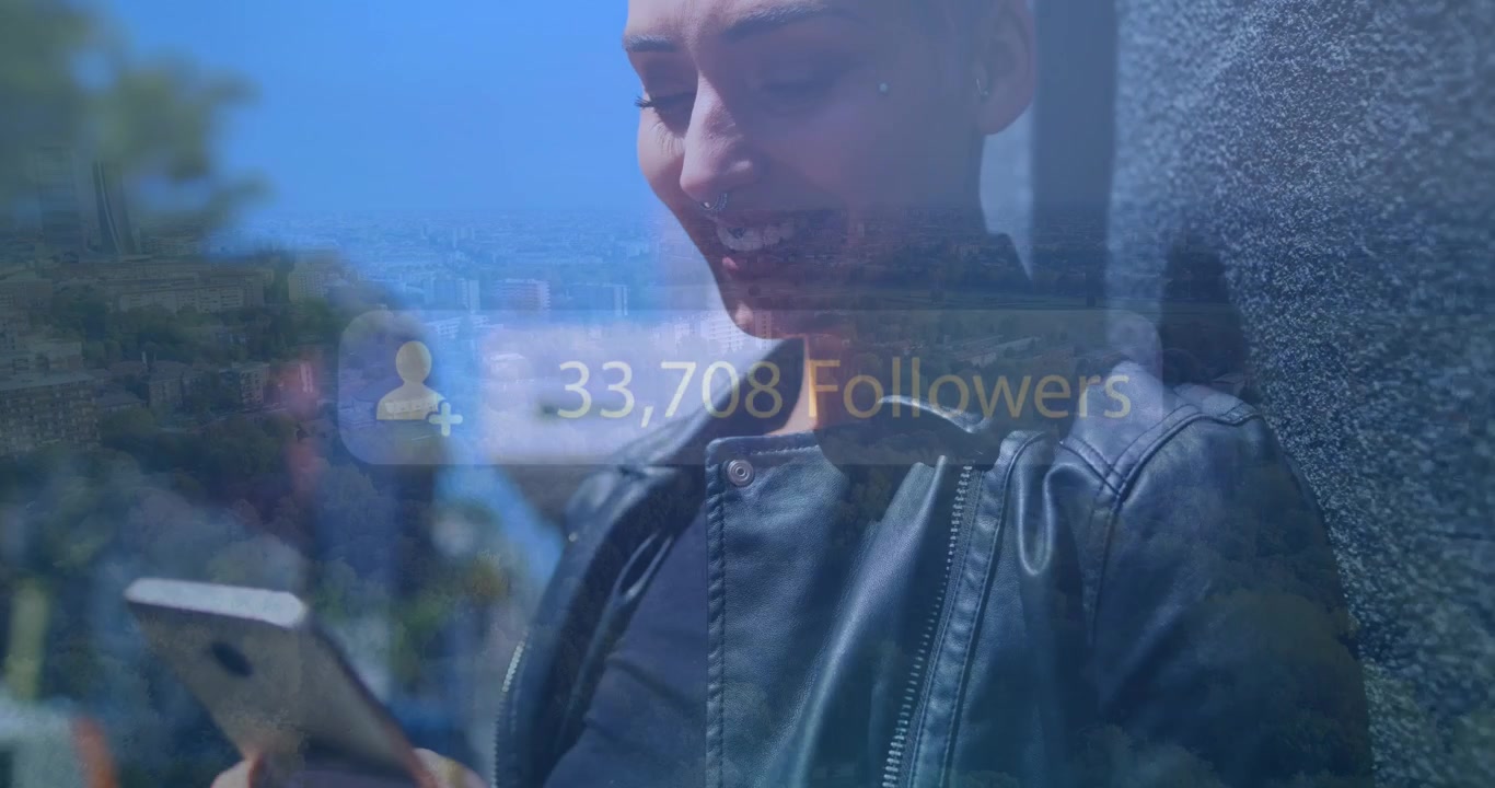 Animation of data processing over man using smartphone