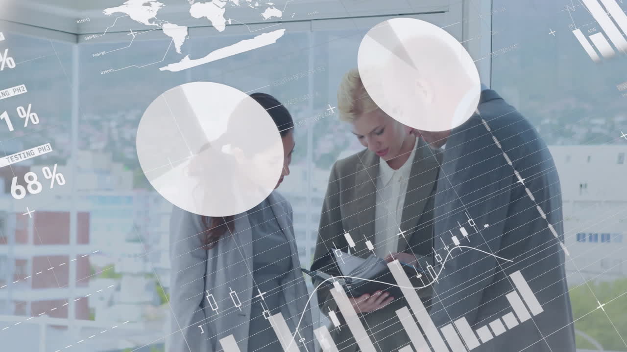 Analyzing data, business professionals with animation of graphs and charts in office