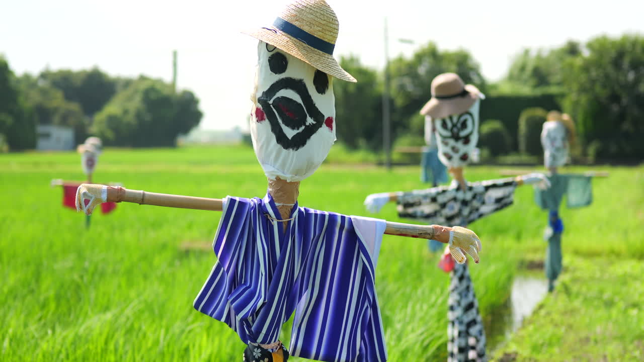 Japanese scarecrows in rice field wearing kimono 3