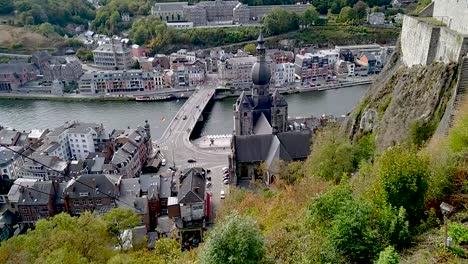 top-down shot of dinant city centre filmed from top of cathedral