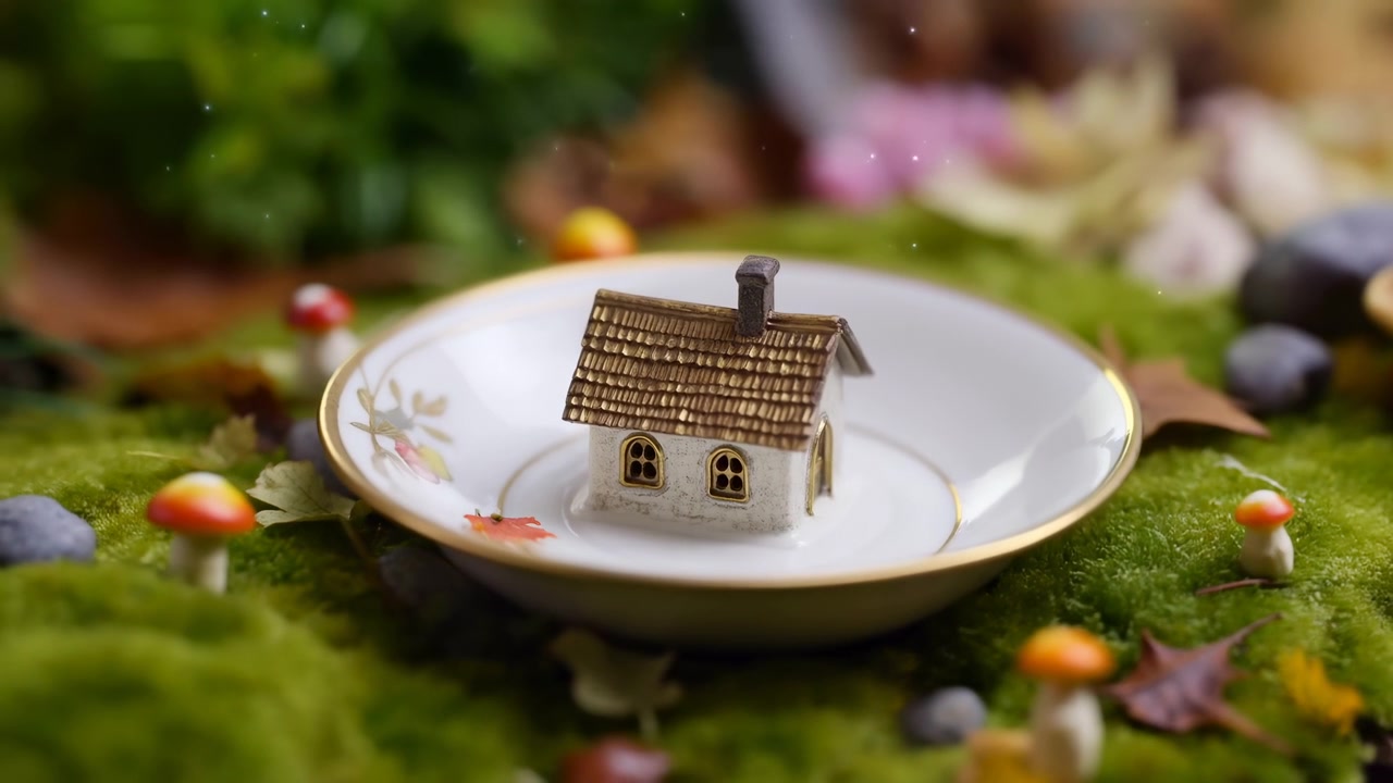 Una piccola casetta decorativa poggia all'interno di una ciotola bianca su una superficie di muschio soffice, circondata da piccoli funghi, pietre e uno sfondo naturale sfocato con una luce calda.