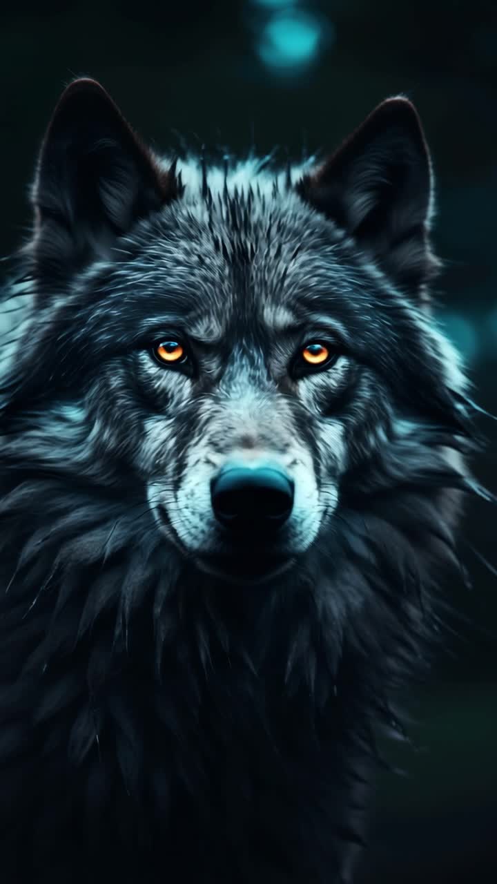 Close-up video concept of a wolf with piercing eyes, captured at eye level
