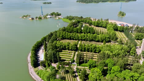 aerial view flying over the hietaniemi cemetery, sunny, summer day in helsinki