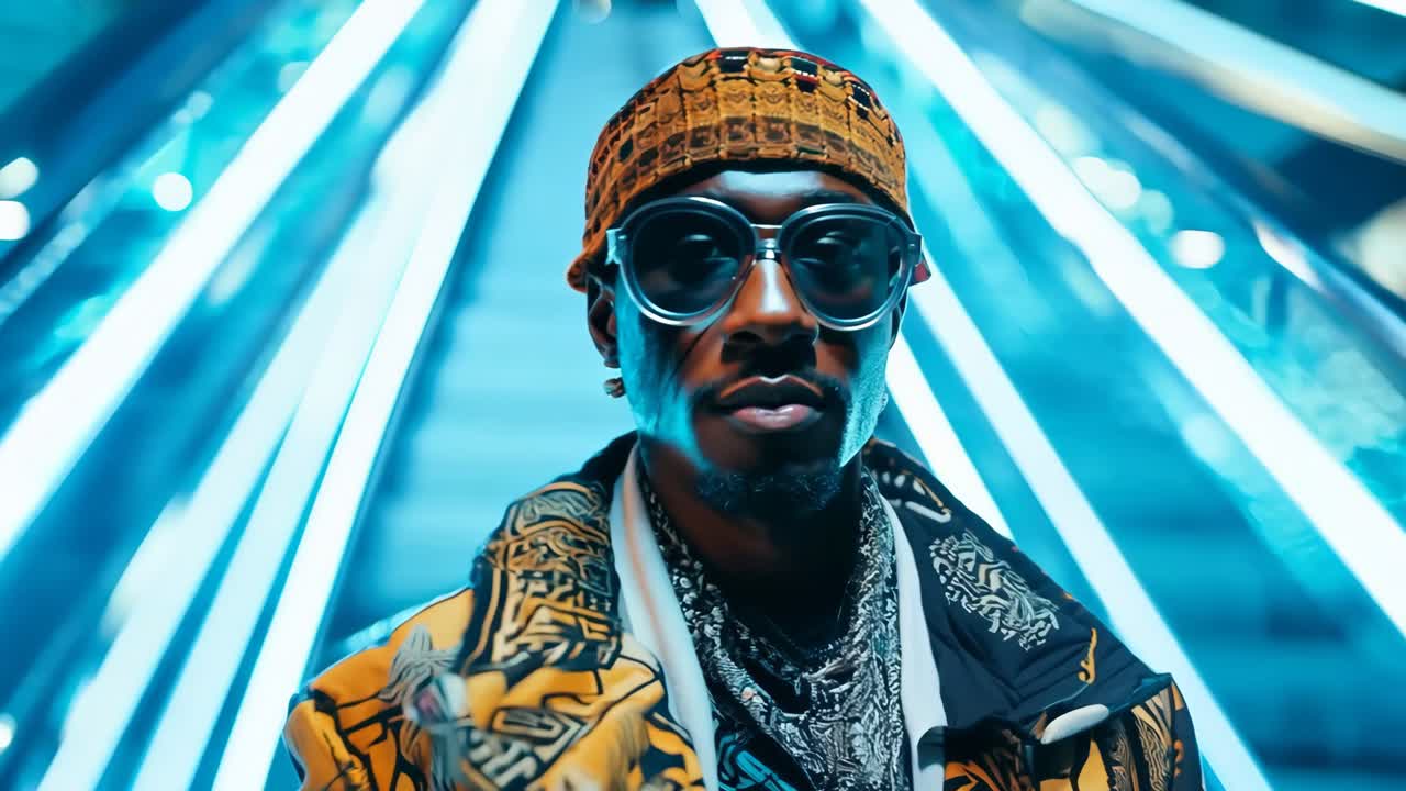 un hombre con gafas de sol y un sombrero de pie en una escalera mecánica