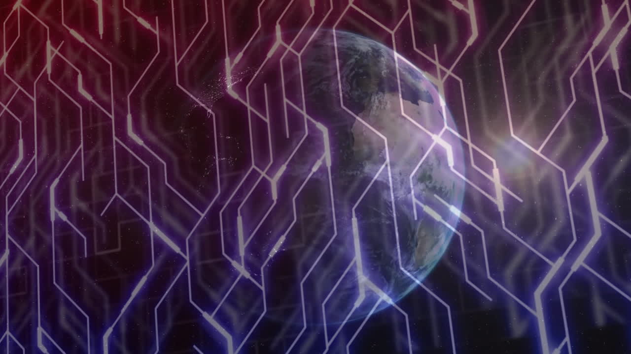 Planet Earth orbiting through dark cosmos, glowing neon circuits pulsing in digital 3D render