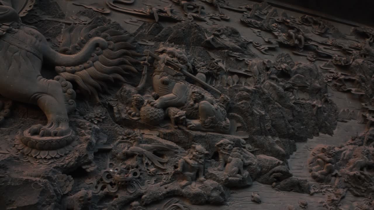 Stone Carving of Buddha Figure Riding Mythological Lion