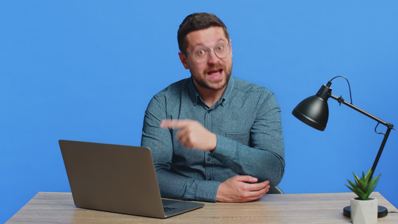 Man working online on laptop recommend program application game positive feedback good offer