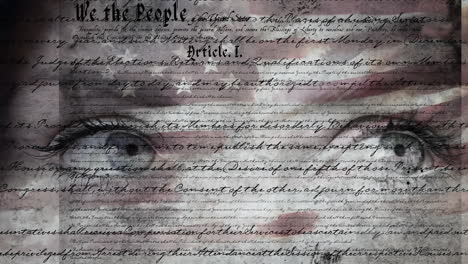 pair of eyes and the constitution of the united states with flag