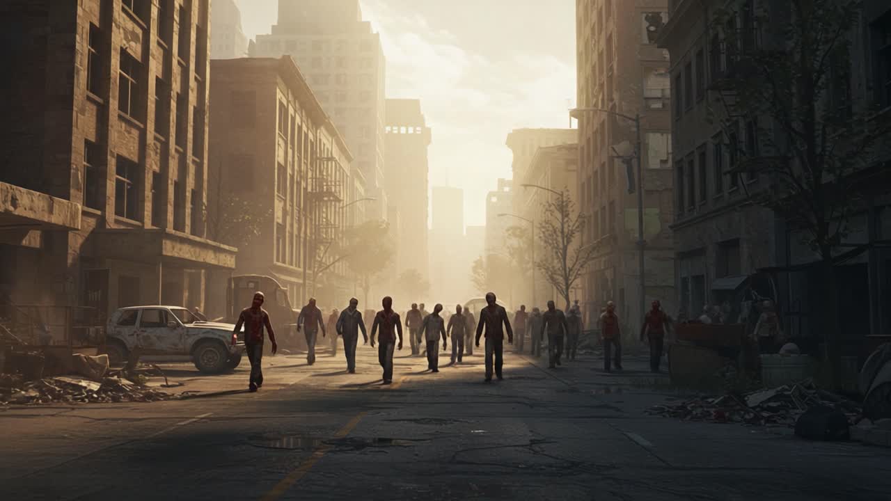 A haunting post-apocalyptic cityscape where a group of zombies emerges from the shadows, highlighting the desolate urban landscape and the eerie stillness of abandoned buildings