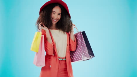 product, shopping bag and dance with face of woman