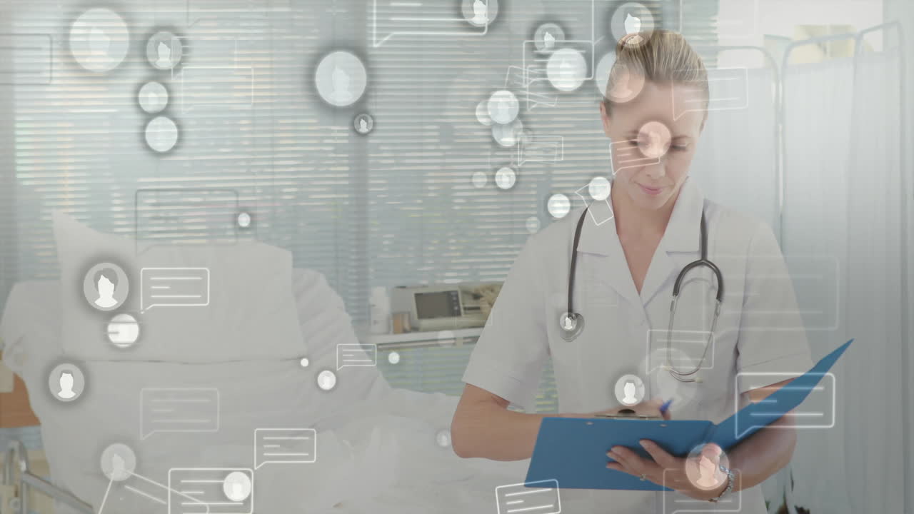 Medical communication icons animation over healthcare professionals in hospital room
