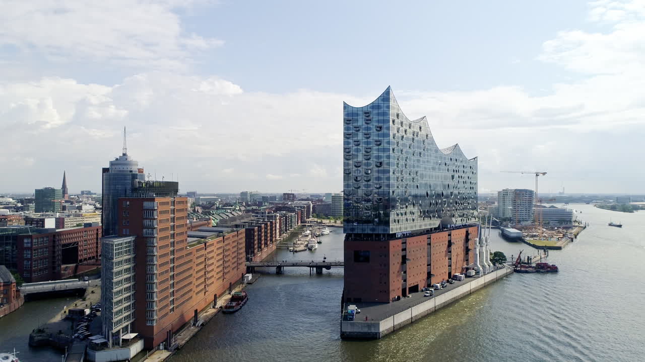 Hight-resolution video capturing Hamburg's Elbphilharmonie and the Elbe River, with a clear view of the city's backdrop, highlighting its urban beauty