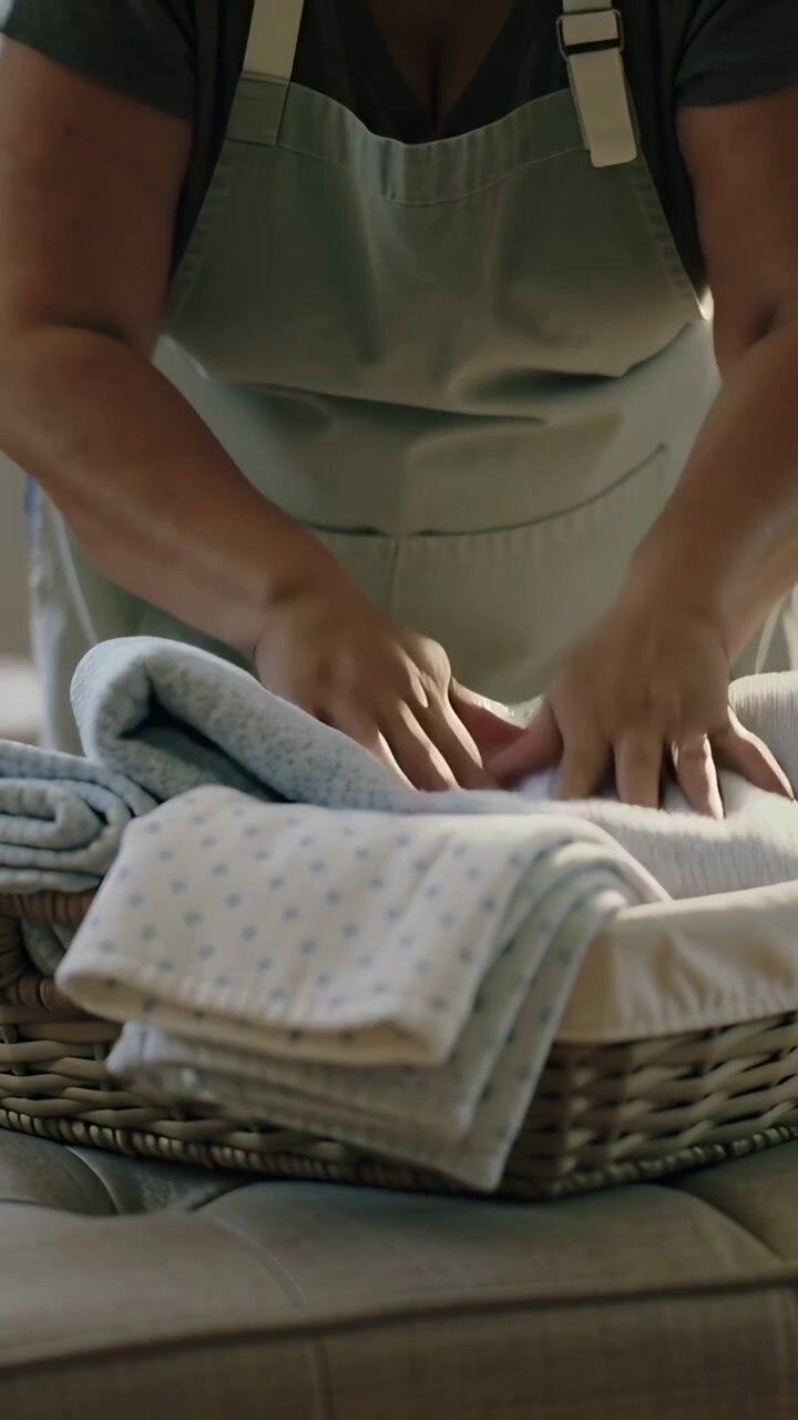 Vertical video: Reaching woman in green apron lifting, lining blanket into basket at home with ring