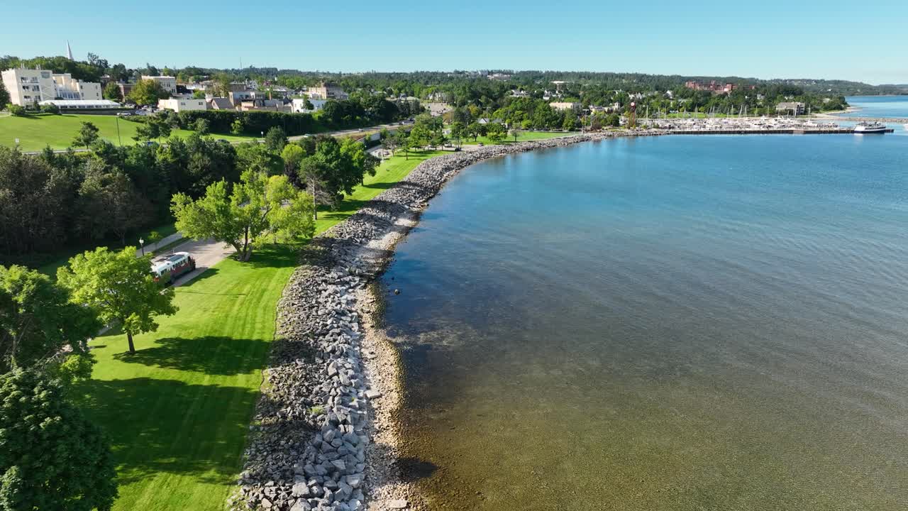 A shoreline reinforced with large rocks along Lake Michigan
