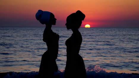 silhouettes of two women enjoying a sunset by the ocean