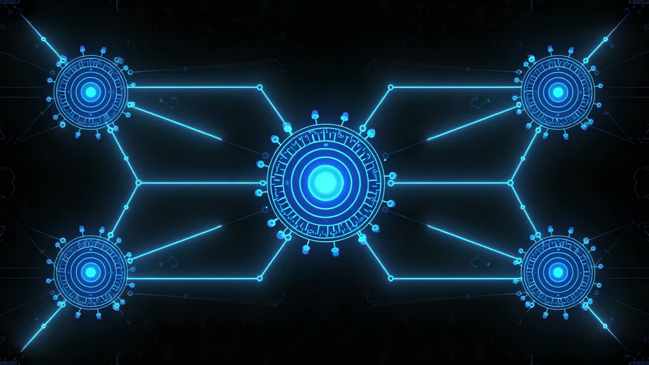 Initiating central node sending data pulses through lines to nodes in data space, visualizing cycle