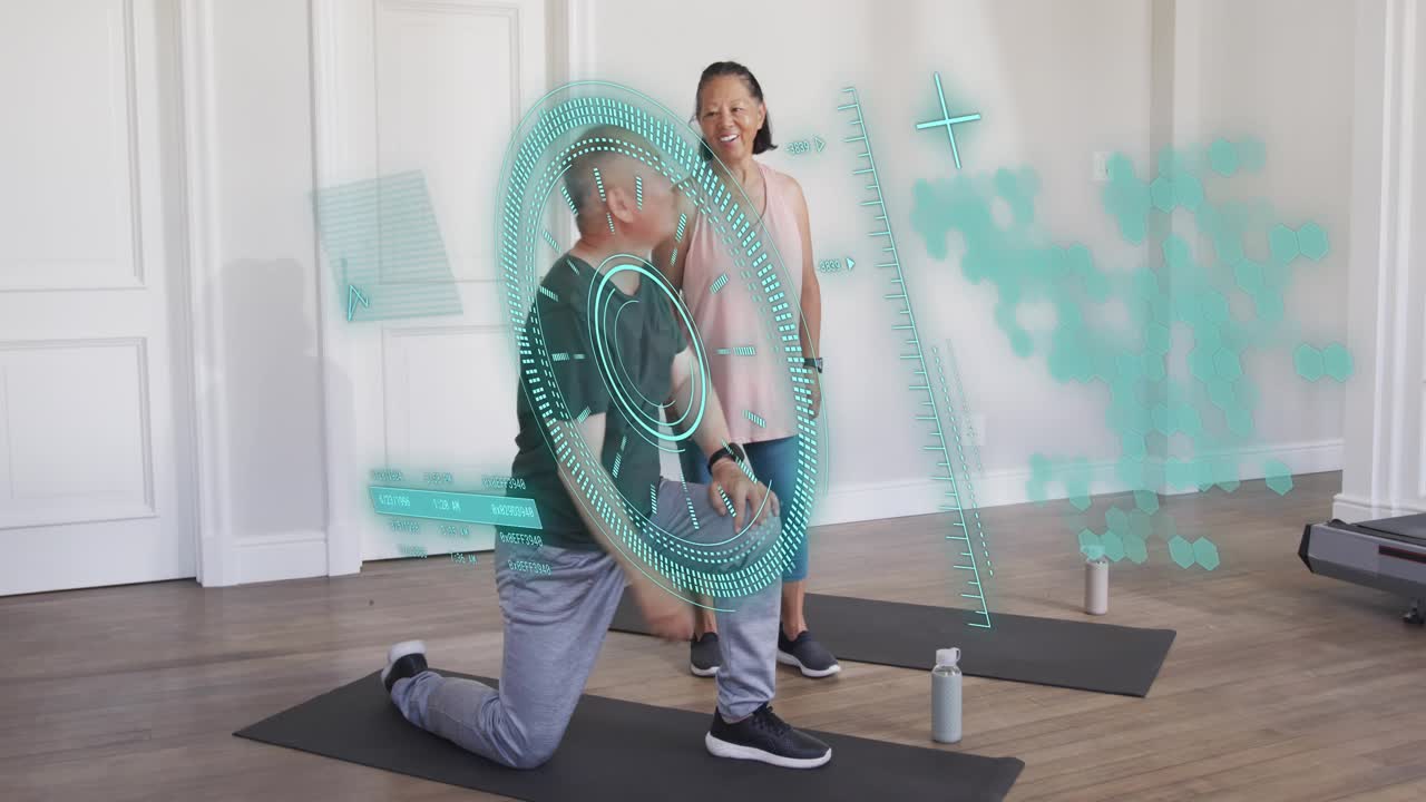 Coach approaching, assisting posture during fitness, man rotating into kneeling, HUD over torso