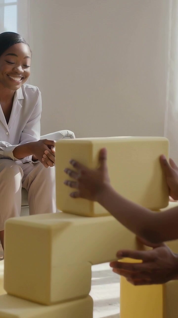 Vertical video: Kid hands entering, mom in top watching making of block arch at home, copy space