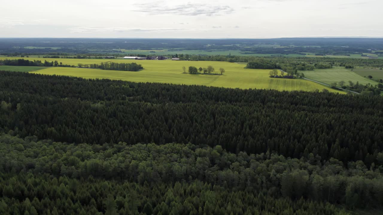 Drone aerial showing Kinnekulle, a flat-topped mountain in Vastergotland, Sweden, surrounded by forests and countryside landscapes