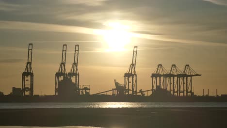 silhouette shipping port cargo loading cranes on shimmering sunrise water three of five