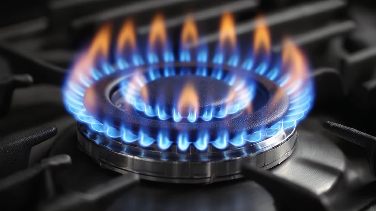 Nærbillede af et gasblus, der antændes med levende blå flammer, som viser intensiteten og varmen ved madlavning i et køkkenmiljø