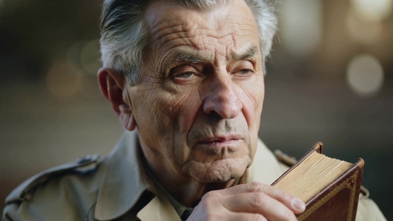 Uomo anziano che sposta lo sguardo, indossando un trench beige, che strizza gli occhi al sole al parco, tenendo in mano un libro di pelle.