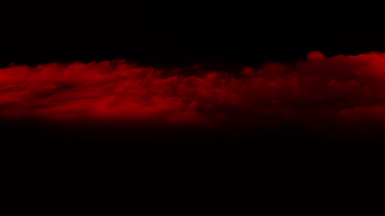 Cinematic flight through thick, rolling red clouds or fog against a black backdrop, ominous landscape for horror or dramatic scenes