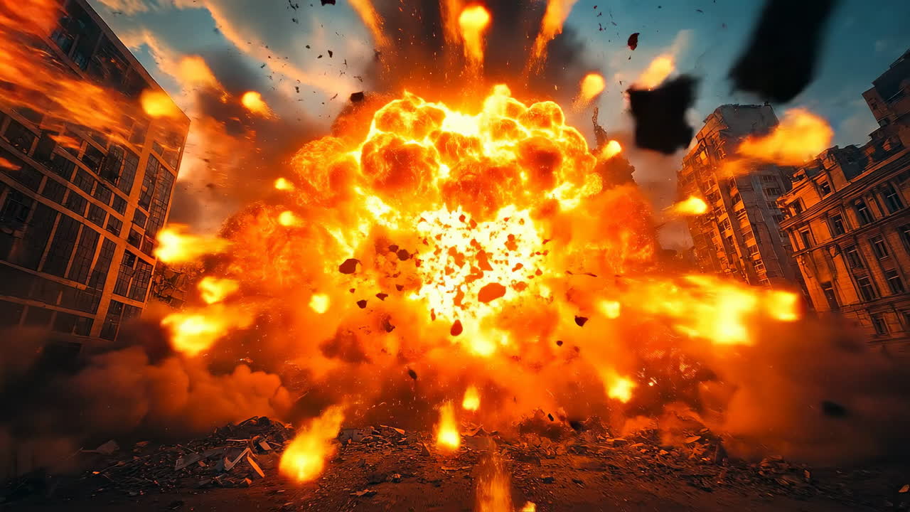 Massive fiery explosion in city. A giant fiery explosion between tall buildings in a city with smoke and debris