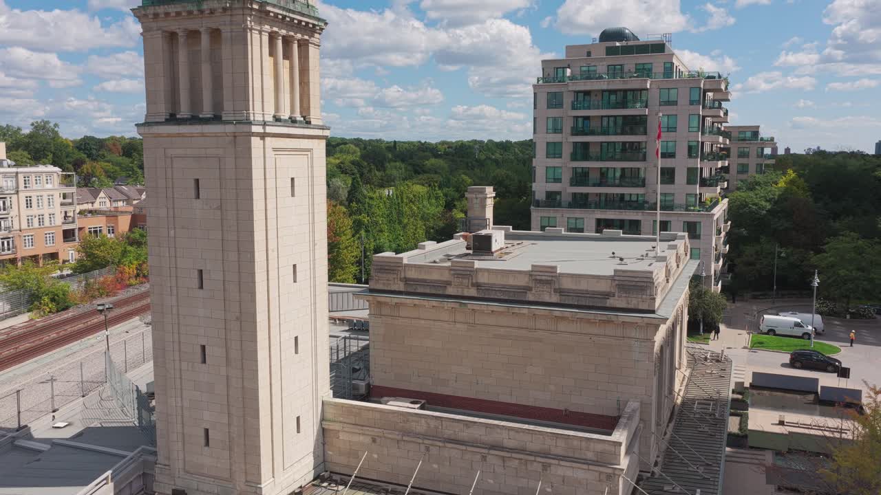 Drone shot of the LCBO and clocktower in the Summerhill neighbourhood in Toronto