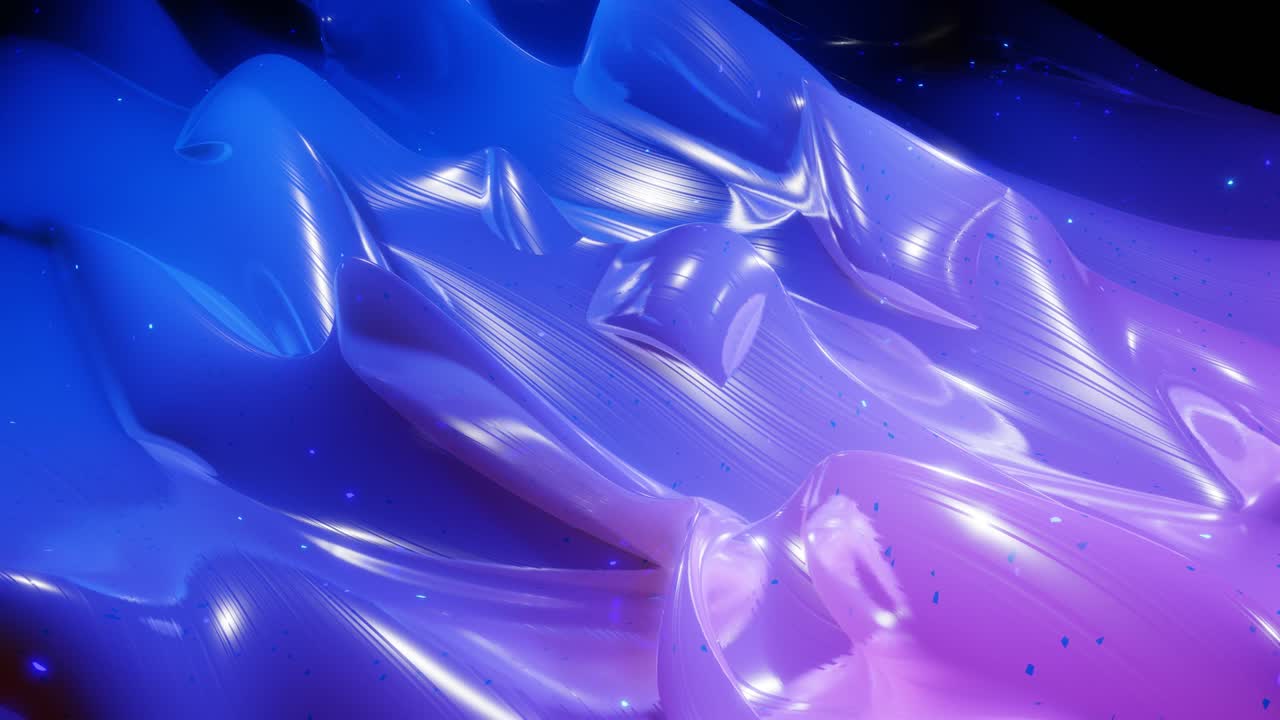 Superficie 3D astratta con bellissime onde, scintille luminose e sfumatura di colore brillante blu viola. Le onde scorrono su una superficie molto lucida e brillante con glitter luminosi. Animazione in loop 4K.
