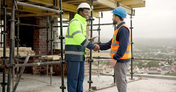 Construction Workers Discussing Project Plans on Building Site